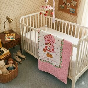 Vintage 1980 Strawberry Shortcake Baby Quilt Blanket Pink Polka Dot 43x34"